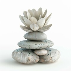 Fototapeta premium White lotus flower placed on a stack of pebbles on a white background, representing balance, mindfulness, and spiritual awakening