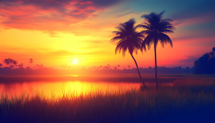 Fototapeta premium Vibrant sunset over tranquil tropical lake, silhouetted palm trees, idyllic serene scene. Perfect for travel, vacation, or relaxation themes.