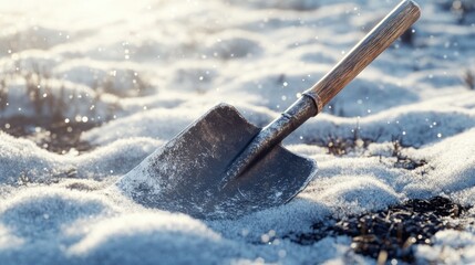 Snowy field, shovel, winter sun, snow removal, gardening