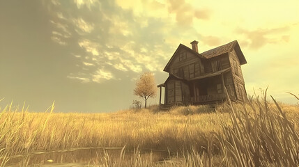 Obraz premium Abandoned farmhouse field sunset autumn; nostalgic, game design