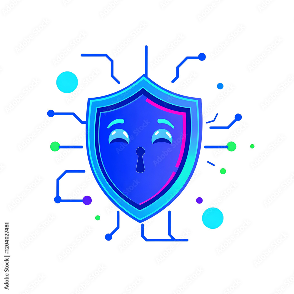 Poster digital security shield with a glowing cyber face and circuit lines, representing advanced cybersecu