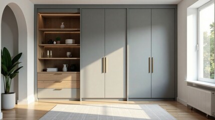 Modern minimalist built-in storage unit with sleek grey doors and oak shelving