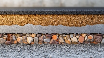 Cross section view of asphalt road layers and foundation
