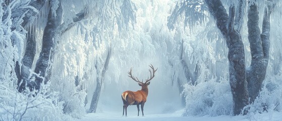 Majestic Stag Stands in a Frosty Winter Forest