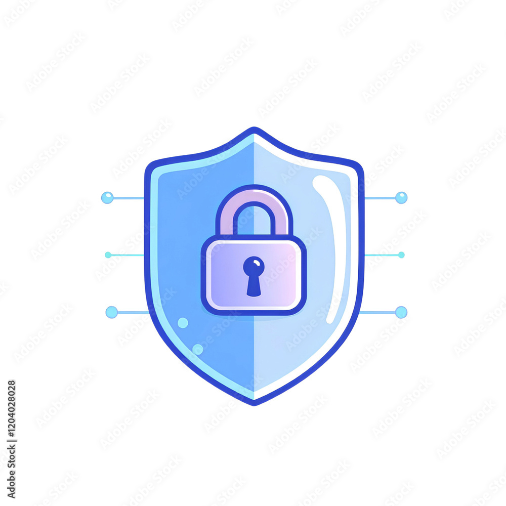 Poster minimalist blue security shield with a padlock icon, representing online safety and encrypted data -