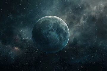 Fototapeta premium Planet with craters illuminating the dark universe surrounded by nebulae and many stars