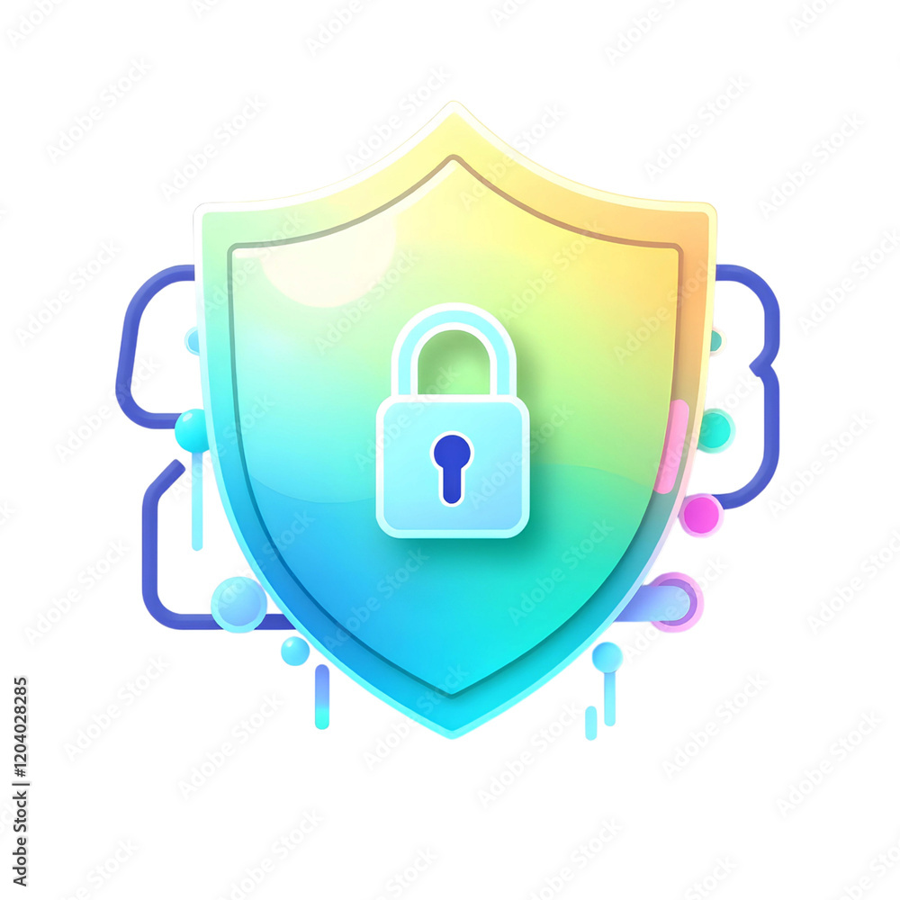 Poster cyber security shield with a glowing lock symbol, featuring futuristic elements and a high-tech appe
