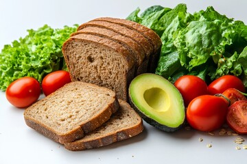 Whole wheat bread slices, avocado halves, tomatoes, and lettuce leaves on white background.