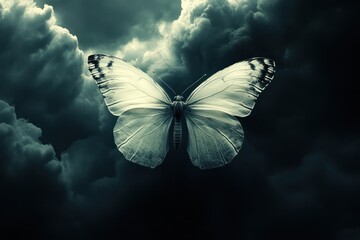 A delicate, white butterfly amidst dark, stormy clouds