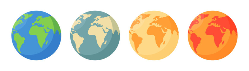 Earth globe icon set of global warming stages in various color isolated on white background. Global warming stages set. World map in circle. Earth globes collection.