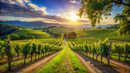 Naklejka premium Sun-drenched Vineyard Park Landscape: Rolling Hills, Lush Vines & Scenic Views