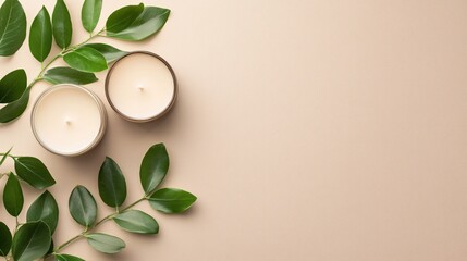 Tranquil Spa Candles and Greenery on Beige Background Peaceful Aromatherapy Relaxation