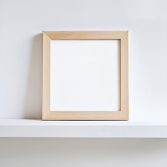 Wooden mock up poster frame on the white shelf..