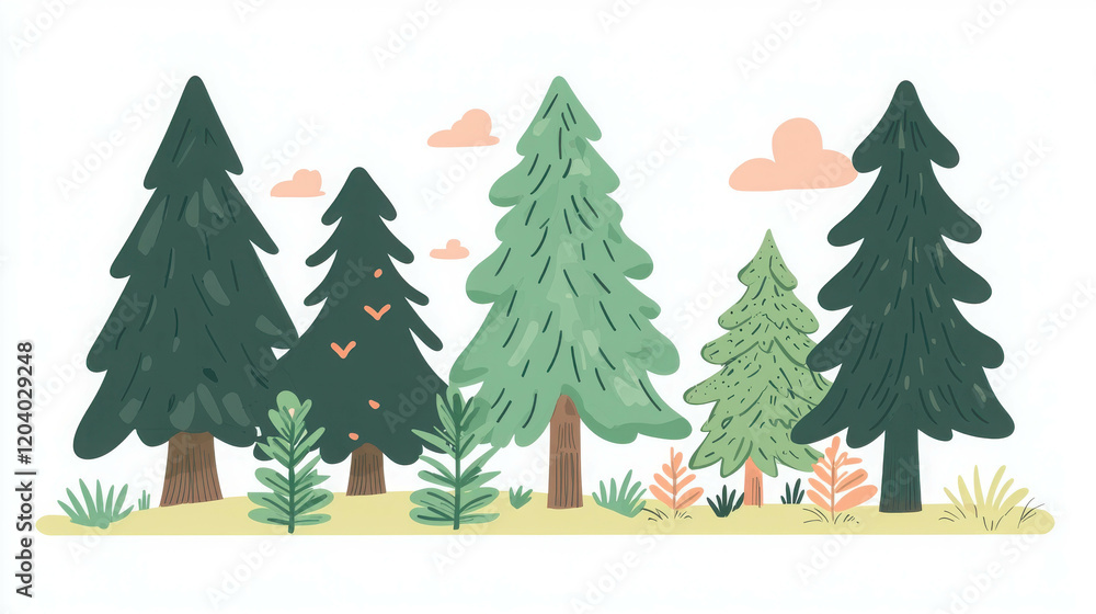 Poster colorful evergreen forest design with various trees and nature elements in flat style
