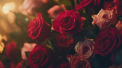 A stunning bouquet of vibrant red and pink roses fills the frame, evoking a romantic Valentine's Day theme. The intricate details and vivid colors are captured with exceptional clarity, showcasing the