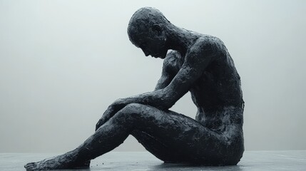 Fototapeta premium A statue of a man with a sad expression sits on a ledge