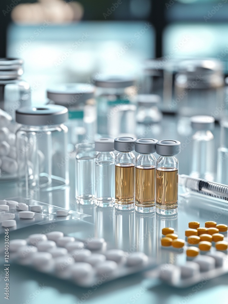 Poster vials, tablets, and syringes arranged neatly on a laboratory table emphasizing the importance of pha