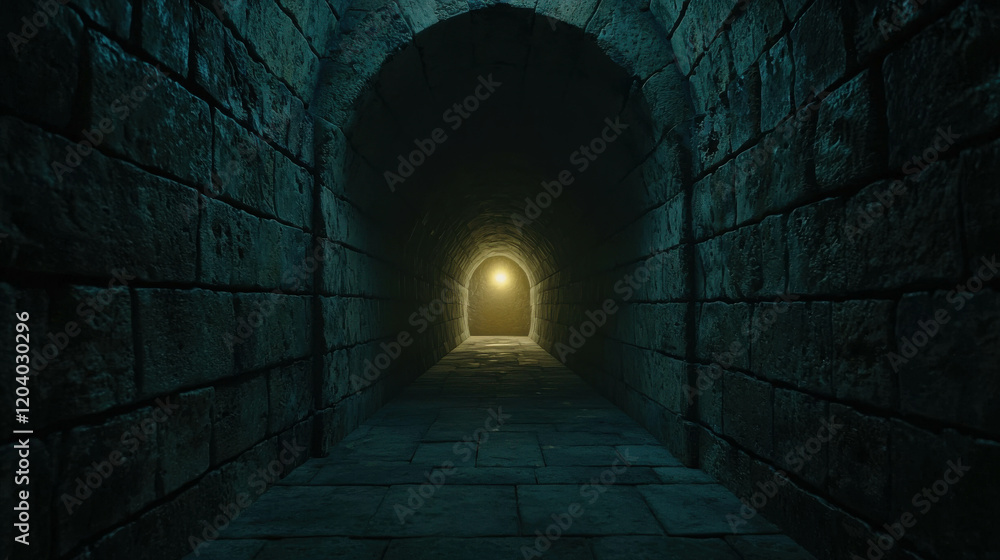 Poster exploring an old stone tunnel with faint light illuminating the mysterious path ahead