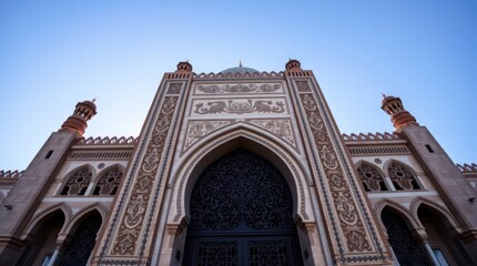Obraz premium Mosque's gate in Casablanca, Morocco from a low angle. Emphasize smooth color transitions, creating a dramatic
