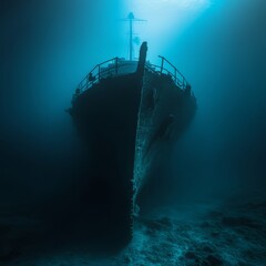 Sunlit underwater shipwreck, bow visible, dark mysterious depths.