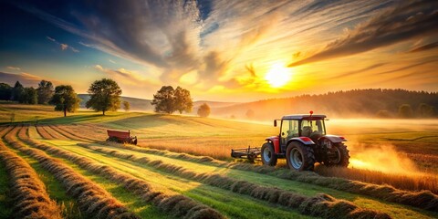 Fototapeta premium Sunny Rural Road: Tractor with Hay Tedder Double Exposure Stock Photo
