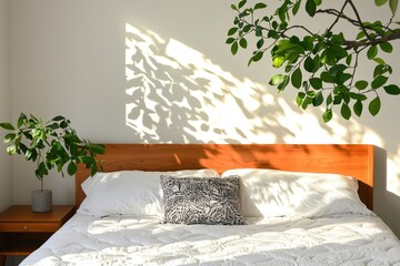 Sunny Bedroom Scene Minimalist Design Wooden Bed White Bedding Green Plants