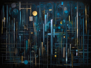 Dark abstract artwork painting of long thin geometric rectangles crossing at right-angles