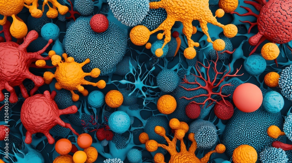 Poster a colorful illustration of various microorganisms, showcasing a diverse array of shapes and sizes, e