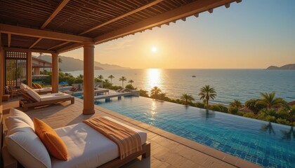 Fototapeta premium Relaxing sunset view from a luxury villa overlooking the ocean with a swimming pool in the foreground and mountains in the distance