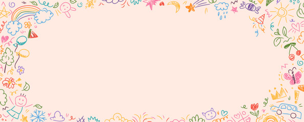 Colorful kindergarten crayon background with doodles drawn by colorful crayons. Childlike border frame with pencils and childish drawings on paper. Vector illustration for certificate, diploma, poster
