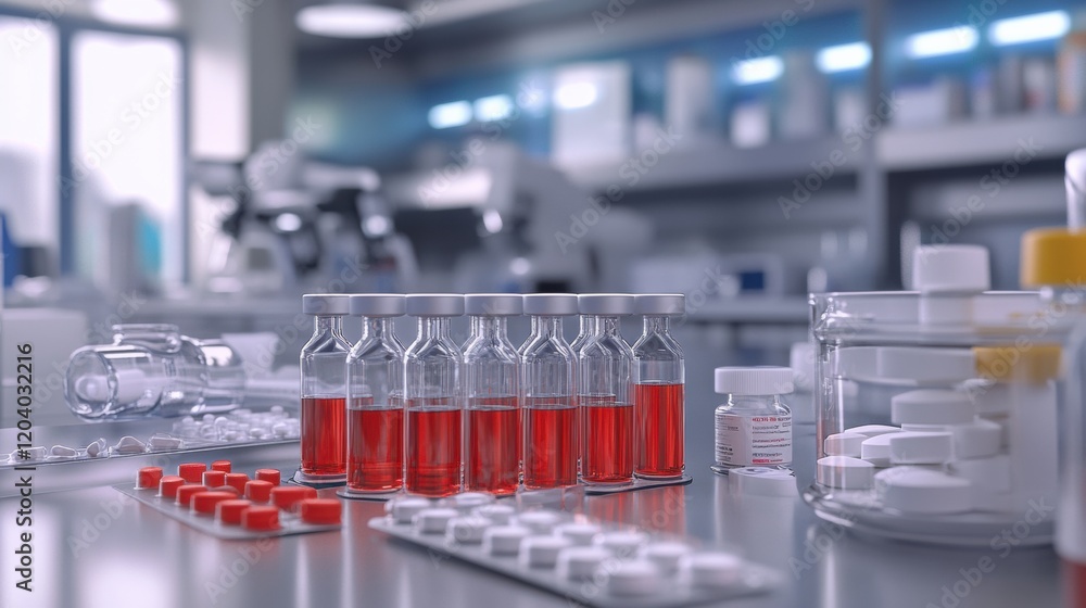 Poster laboratory setup with vials, pills, and dangerous substances in a research facility at daytime. gene