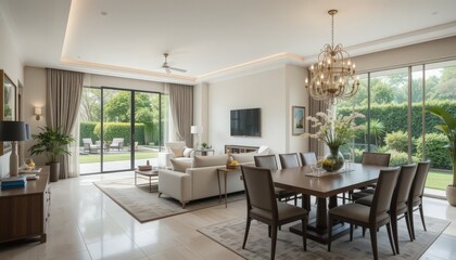 Elegant dining area overlooking a serene garden, featuring modern decor and abundant natural light