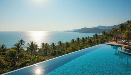 Beautiful ocean view from a luxury resort with infinity pool and palm trees during sunset overlooking the coastline