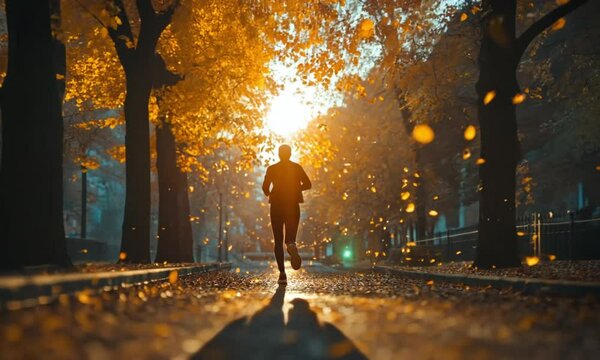 Person Jogging Autumn Park Golden Hour Sunlight