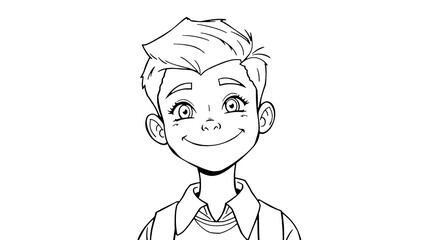 Obraz premium Cute Cartoon Boy Character Illustration with Big Eyes and Smiling Face - Black and White Line Ar PNG