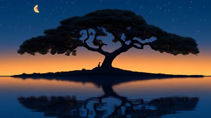 Naklejka premium Serene Sunset Silhouette Of Tree And Dog By Water