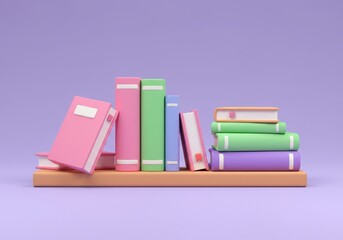 A 3D illustration of colorful books arranged on a shelf featuring a variety of sizes and pastel shades like pink, purple, green and orange