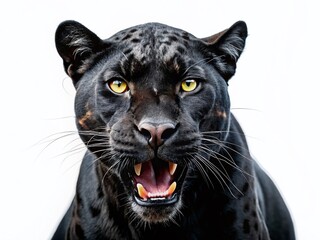 Obraz premium Surreal Black Jaguar Roaring, Isolated White Background - Powerful Wildlife Stock Photo