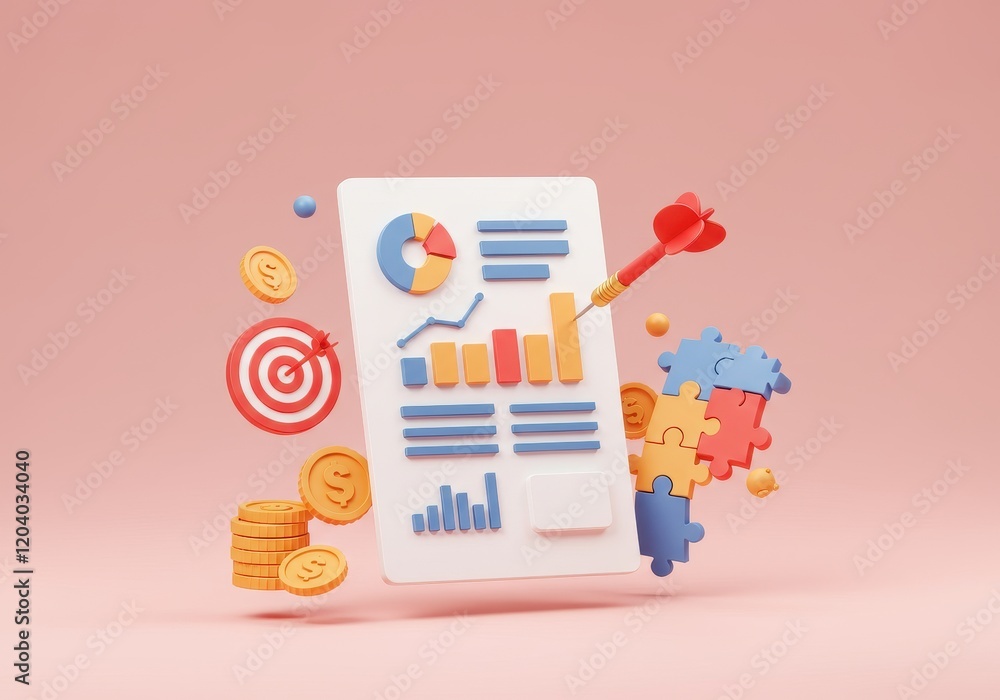 Poster a 3d illustration of a white data sheet with colorful graphs and charts including bar graphs and pie