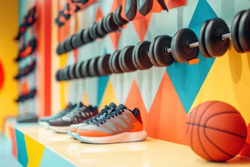 Fotobehang Collection of athletic shoes, dumbbells, and a basketball displayed in a colorful gym setting. Generative AI © Anat art