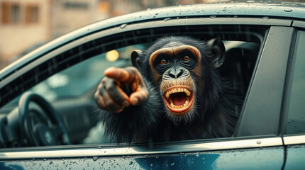 Furious monkey driver pointing with finger and shouting out of a car window. Funny wild animal behave like a human