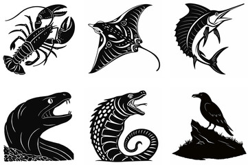 Animal Set of Walrus Icon & Whale Shark Silhouette on White Background  Vector Art Collection