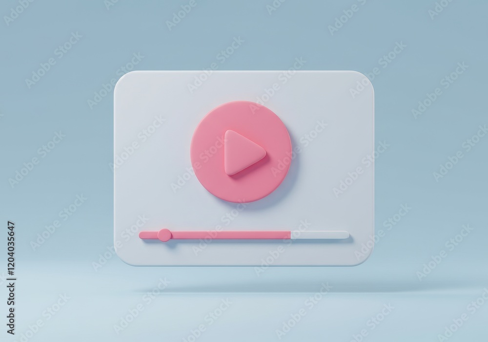 Poster a 3d illustration of a minimalistic video player interface with a large pink play button in the cent