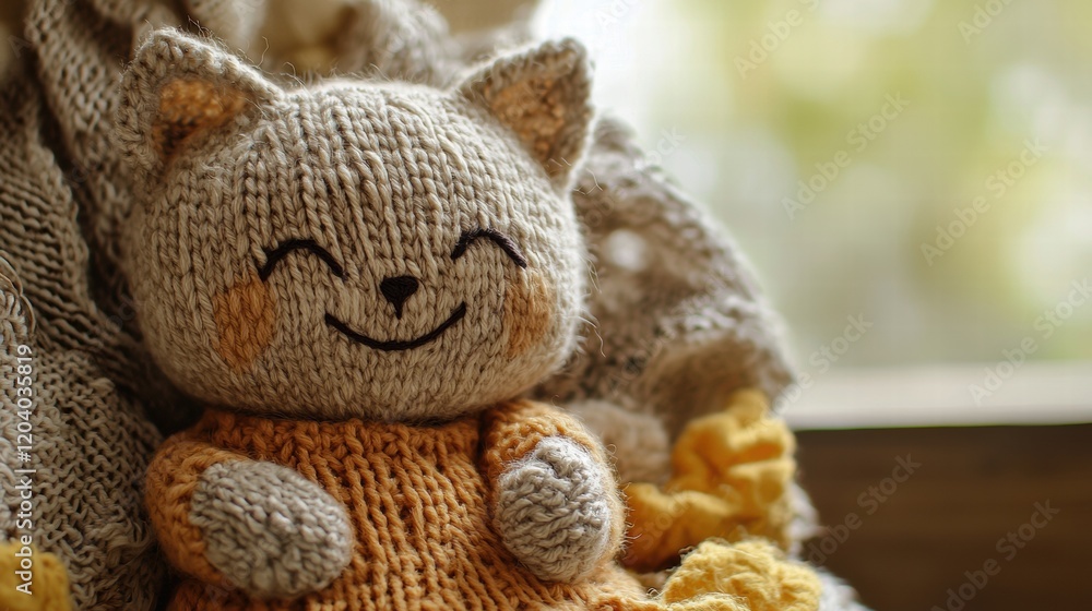 Aufkleber Handmade knitted cat doll with joyful expression placed near a window with soft light during a cozy afternoon. Generative AI