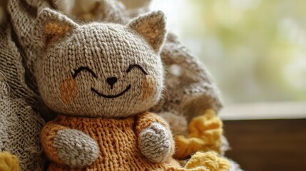 Fototapeta premium Handmade knitted cat doll with joyful expression placed near a window with soft light during a cozy afternoon. Generative AI
