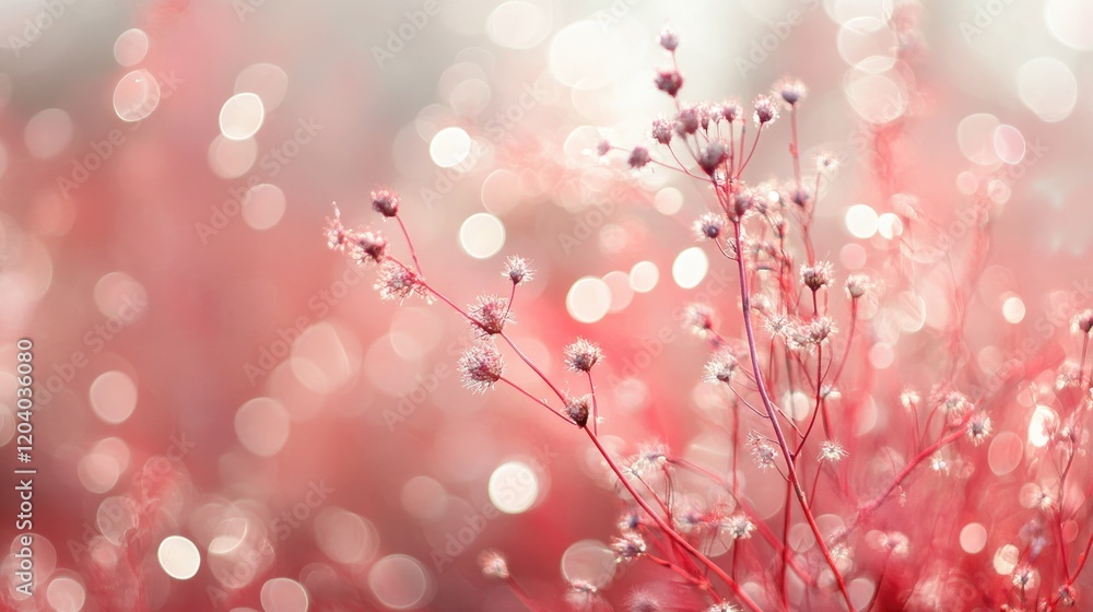 Poster Soft red bokeh background with dreamy circular light patterns, creating a romantic and whimsical atmosphere.