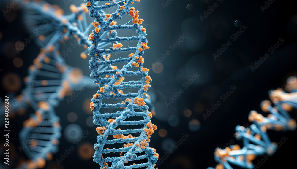 Poster the image displays a detailed representation of a dna double helix, highlighting the blue strands an