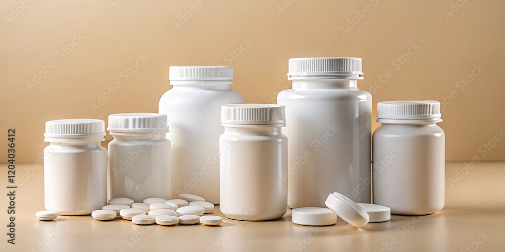 Poster various sizes of white pill bottles and tablets are neatly arranged on a wooden surface. this setup 