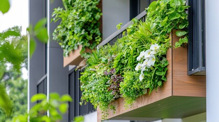 Modern Balcony Garden Design Lush Greenery White Flowers Wooden Planter Box