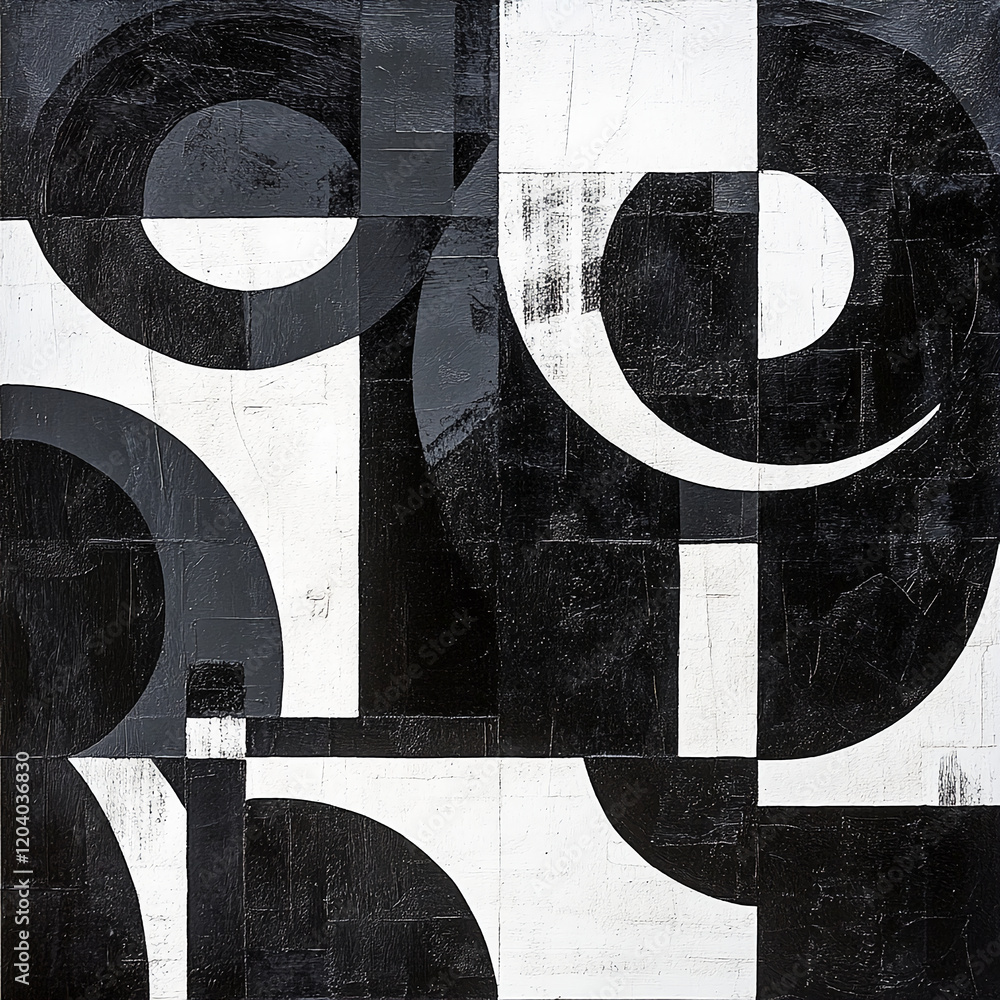 Poster Black and white abstract geometric pattern with circles and irregular shapes in modern style